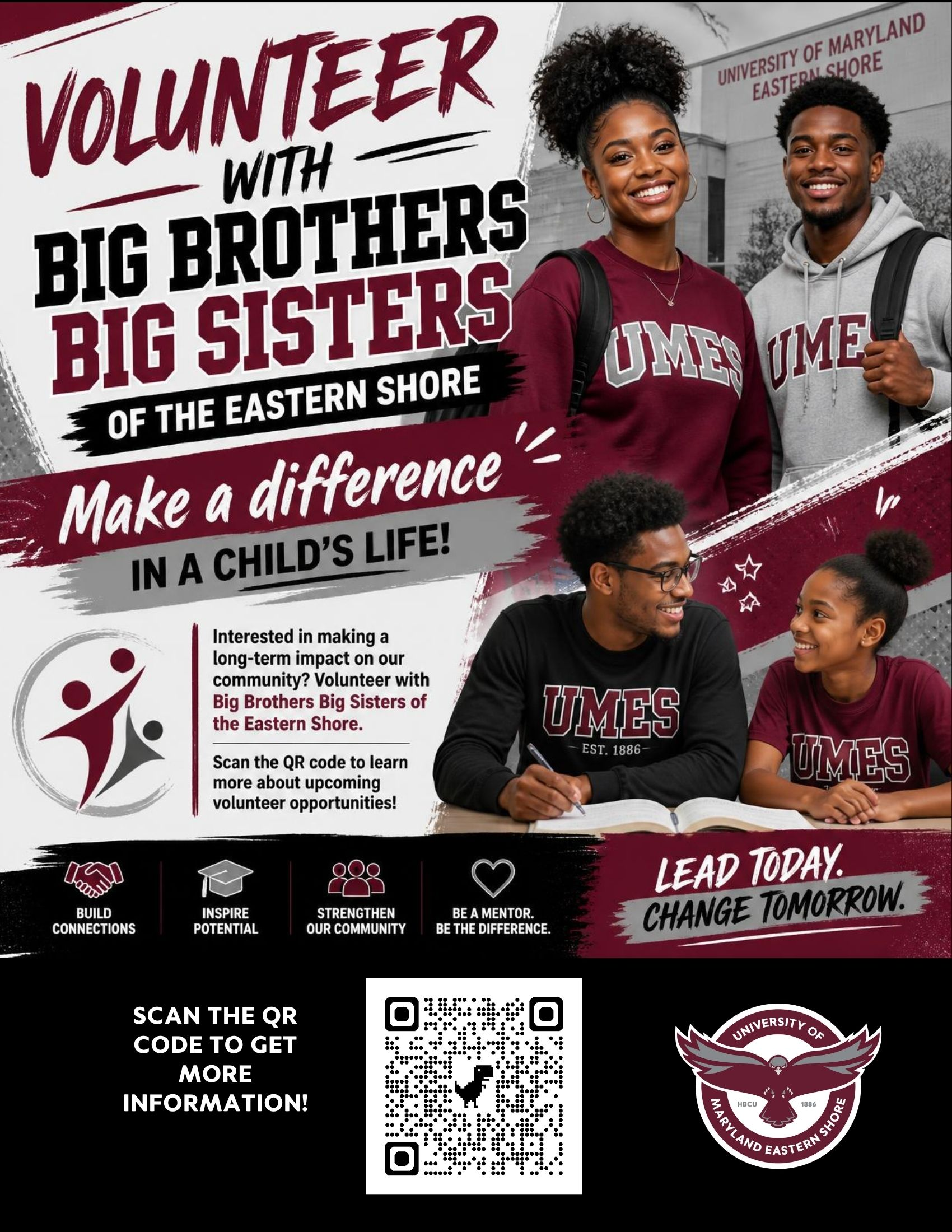 bbs Volunteer with Big Brothers Big Sisters of the Eastern Shore Make a difference in a child's life! Interested in making a long-term impact on our community? Volunteer with Big Brothers Big Sisters of the Eastern Shore. Scan the QR code to learn more about ujpcoming volunteer opportunities!