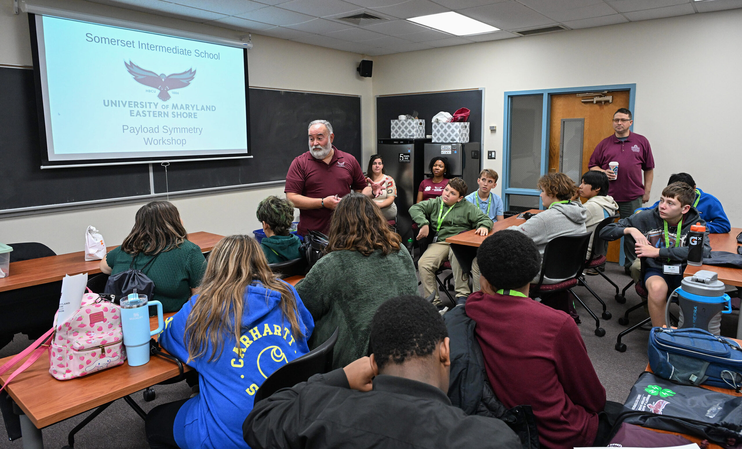 Associate Professor Dr. William Weaver talks to Somerset Intermediate School students about rockets and symmetry during their visit to the University of Maryland Eastern Shore. More than 25 students toured the campus and took part in STEM learning opportunities during the visit hosted by UMES Extension 4-H.