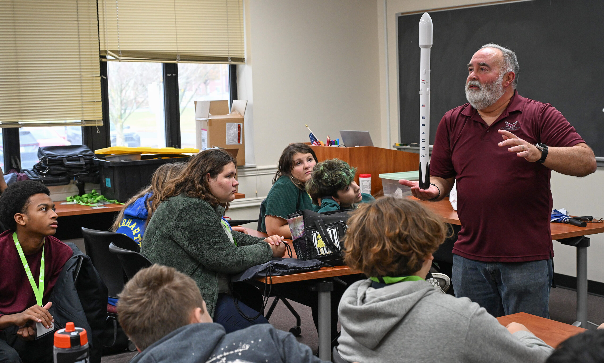 Associate Professor Dr. William Weaver talks to Somerset Intermediate School students about rockets and symmetry during their visit to the University of Maryland Eastern Shore. More than 25 students toured the campus and took part in STEM learning opportunities during the visit hosted by UMES Extension 4-H.