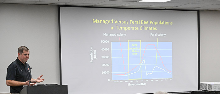 TGD-SMALLFARMS-102425-0948 An apiary expert speaks at the 22nd annual Small Farm Conference.