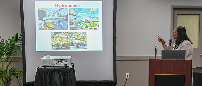 TGD-SMALLFARMS-102425-1014 University of Maryland Eastern Shore Professor Salina Parveen speaks at the 22nd annual Small Farm Conference.