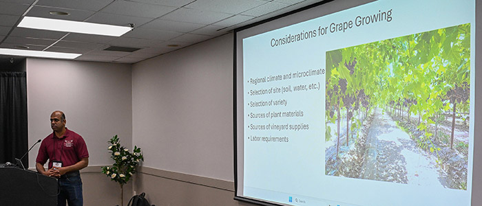 TGD-SMALLFARMS-102425-1025 University of Maryland Eastern Shore Professor Sadanand Dhekney speaks at the 22nd annual Small Farm Conference.