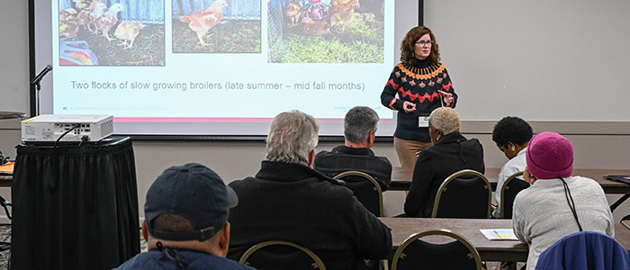 TGD-SMALLFARMS-102525-1995 University of Maryland Eastern Shore poultry specialist holds a workshop during the 22nd annual Small Farm Conference .