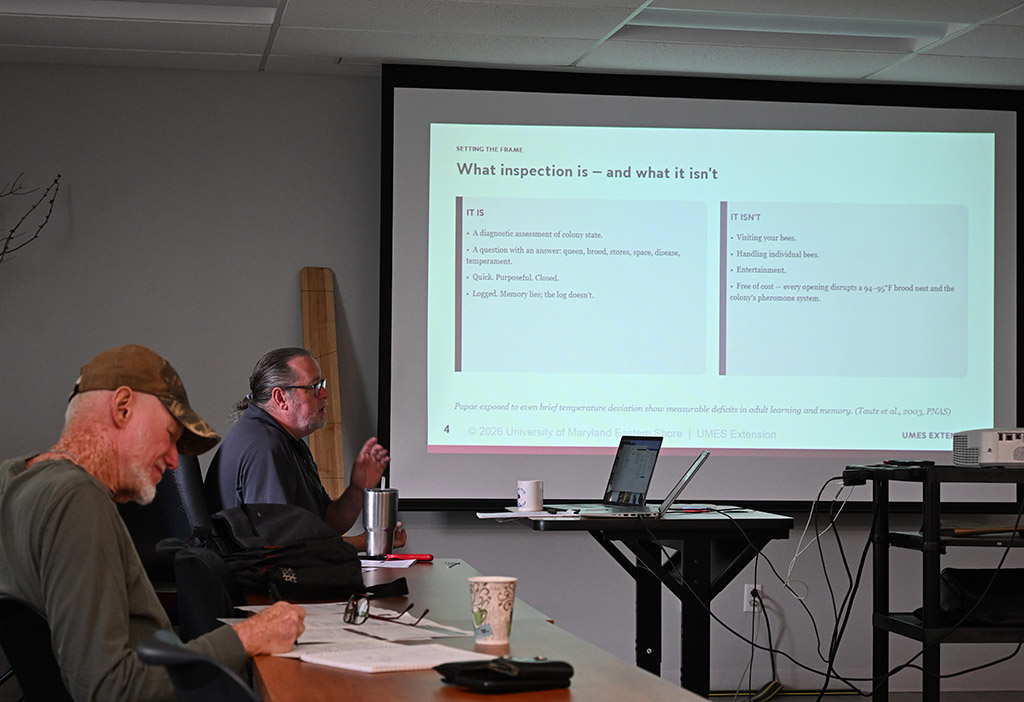UMES Extension Program Assistant and beekeeper Stephen Goewey holds a workshop on performing first hive inspection in May 2026.