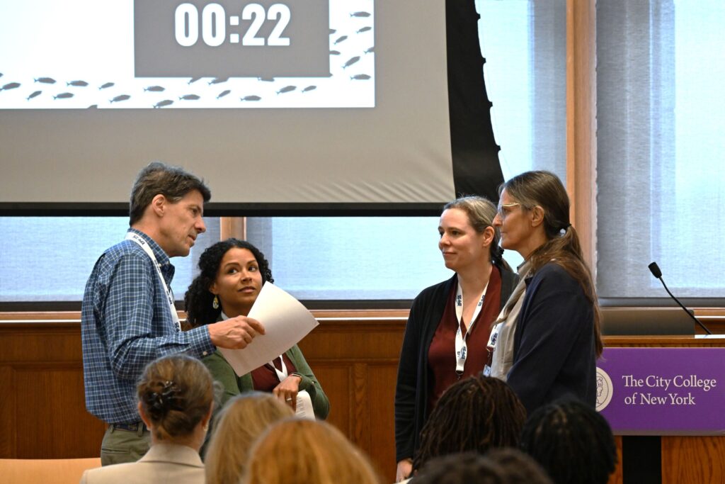 LMRCSC Faculty members Drs. Eric Schott (far left), Maggie Sexton (second from right) and Beth Babcock (far right), lead a mentorship workshop with LMRCSC alum and NOAA Fisheries Biologist Wilmelie Cruz-Marrero (second from left).