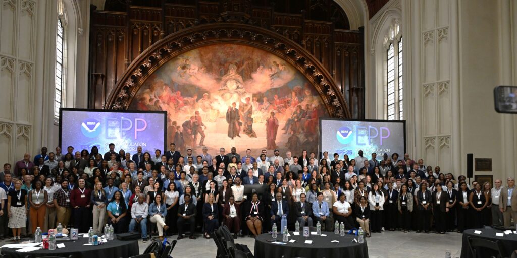 NOAA LMRCSC faculty and students gather for a group photo with fellows and faculty from three other cooperative science centers at the 2026 NOAA EPP Education & Science Forum.