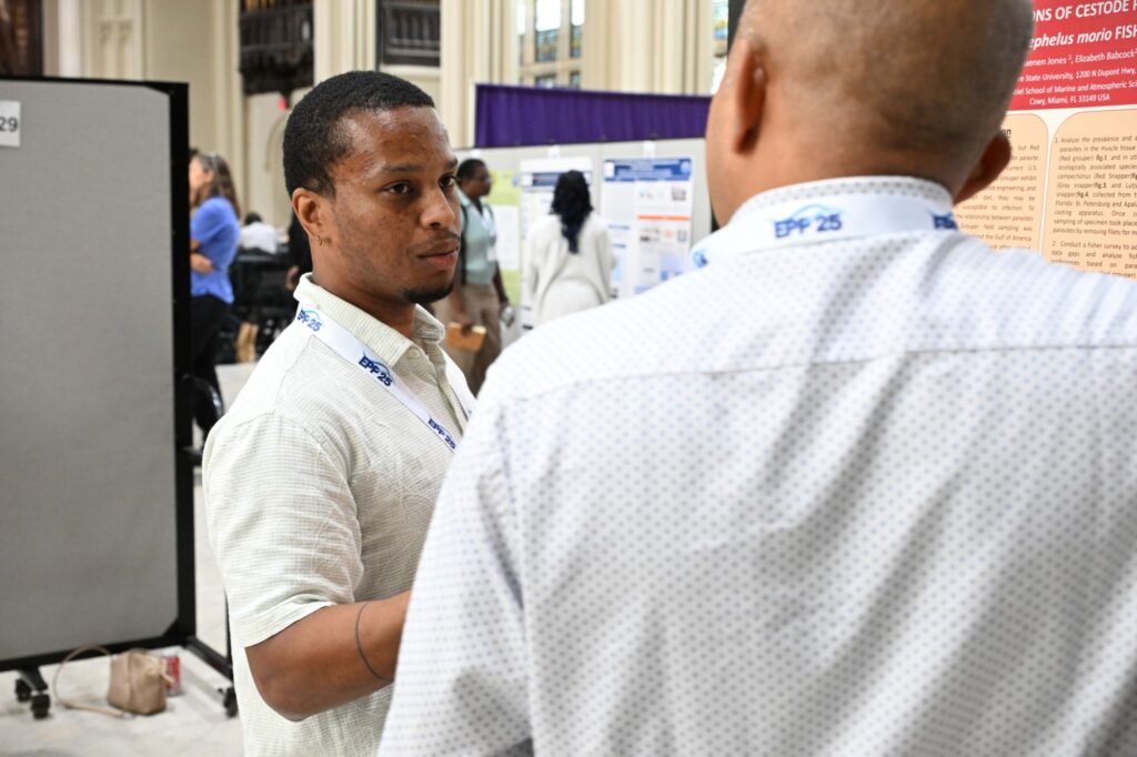 NOAA LMRCSC Fellow Aaron Pickett presents his research poster at the 2026 NOAA EPP forum.