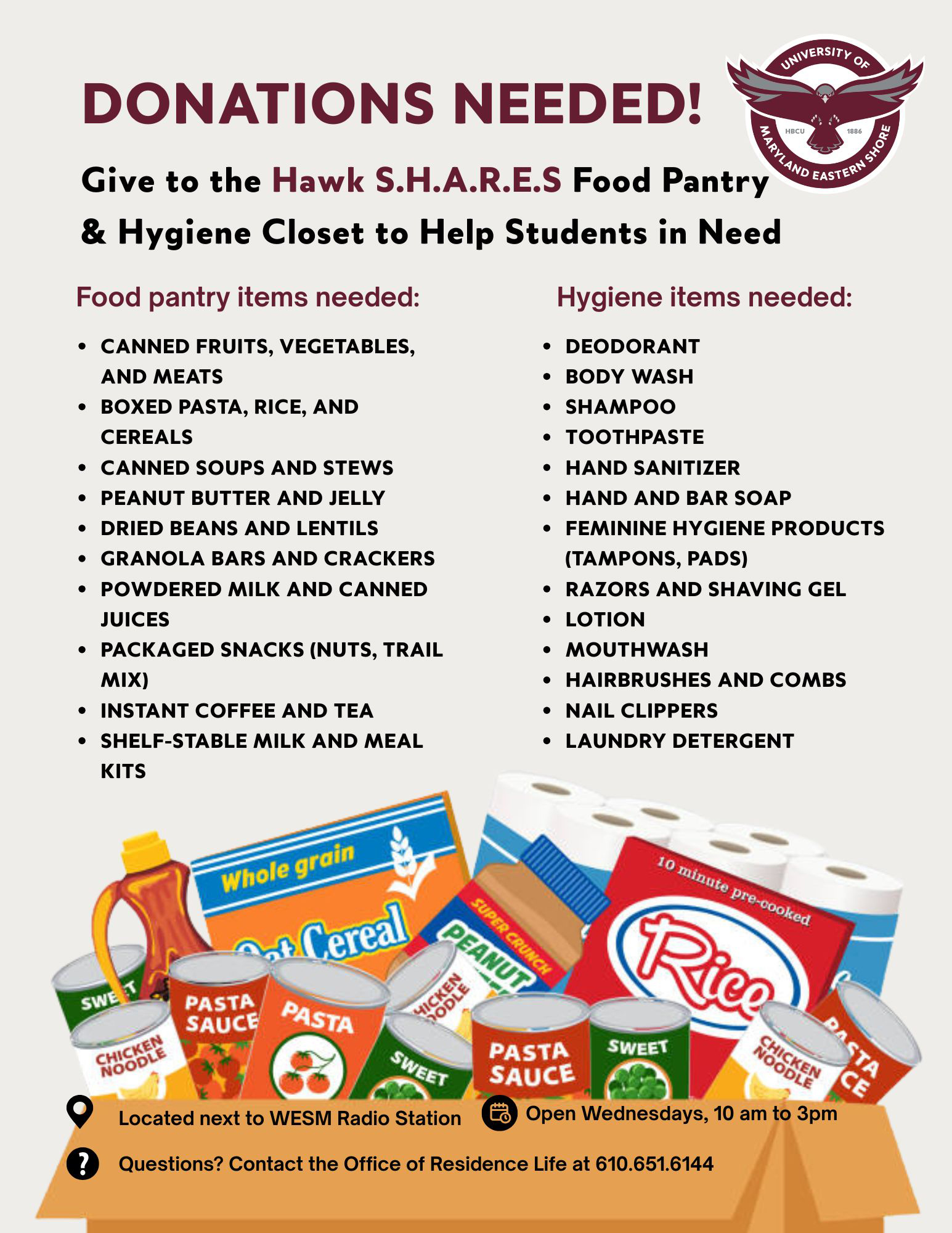 DONATIONS NEEDED! Give to the Hawk SHARES FOOD Pantry & Hygiene Closet to Help Students in Need