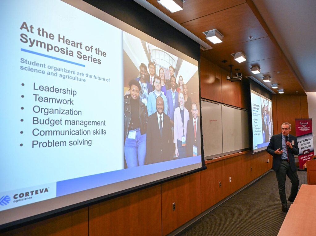A presentation during Student-led Undergraduate Research Symposium.