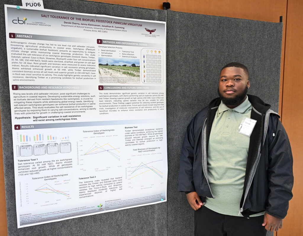 Student talks about his poster at Student-led Undergraduate Research Symposium in 2024.