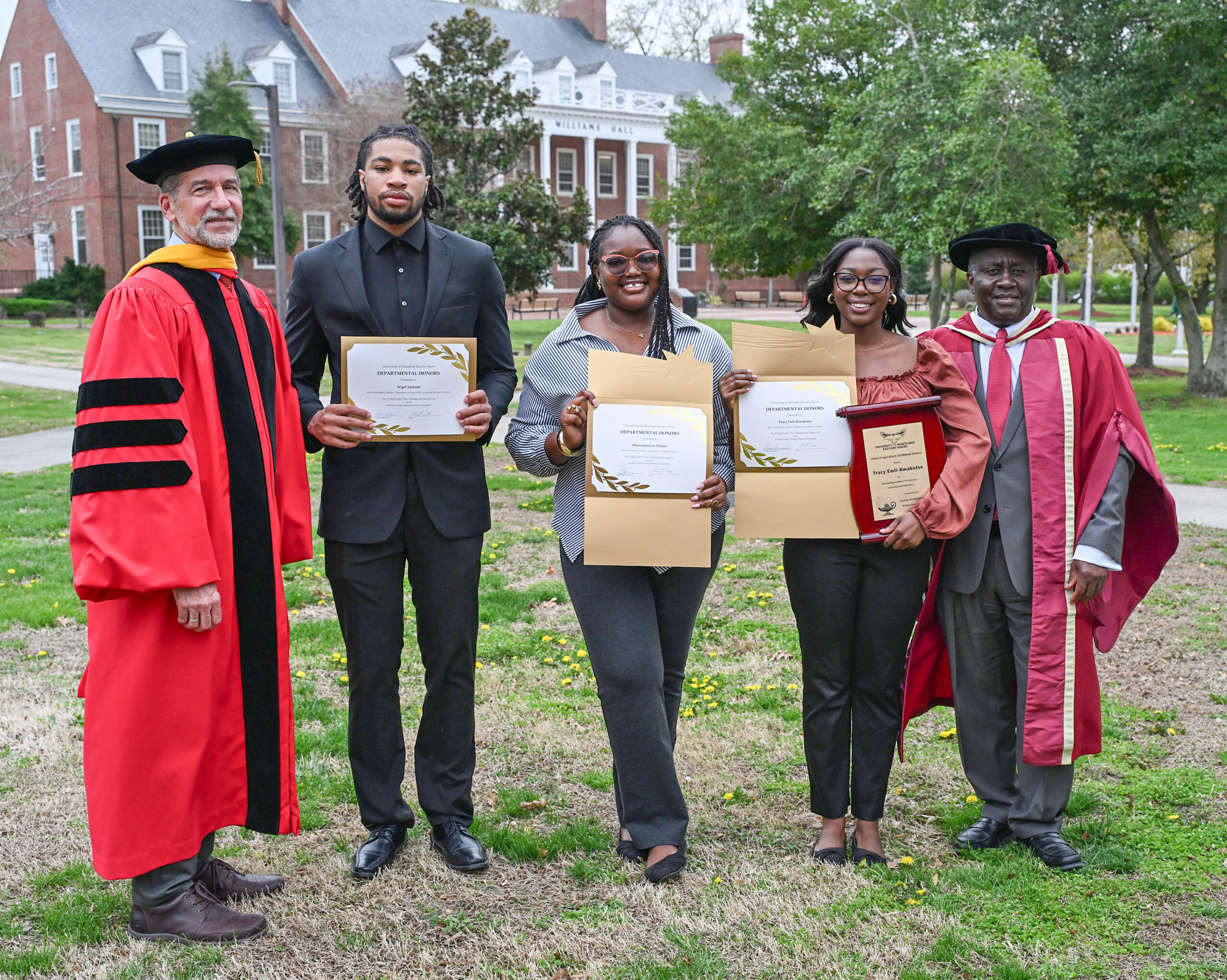 School of Agricultural and Natural Sciences honorees at 72nd Honors Convocation with Natural Sciences Chair Dr. Jonathan Cumming and Dean Dr. Moses T. Kairo.