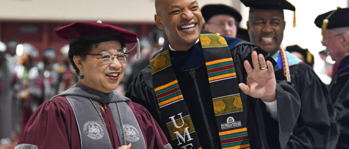 Maryland Gov. Wes Moore with University of Maryland Eastern Shore President Heidi Anderson at the spring 2025 commencement.