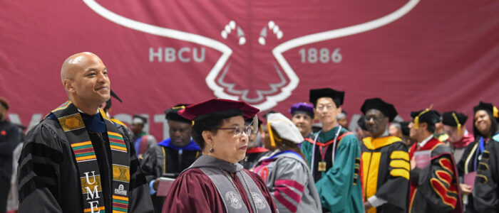 Gov. Wes Moore with University of Maryland Eastern Shore President Heidi Anderson at the spring 2025 commencement.