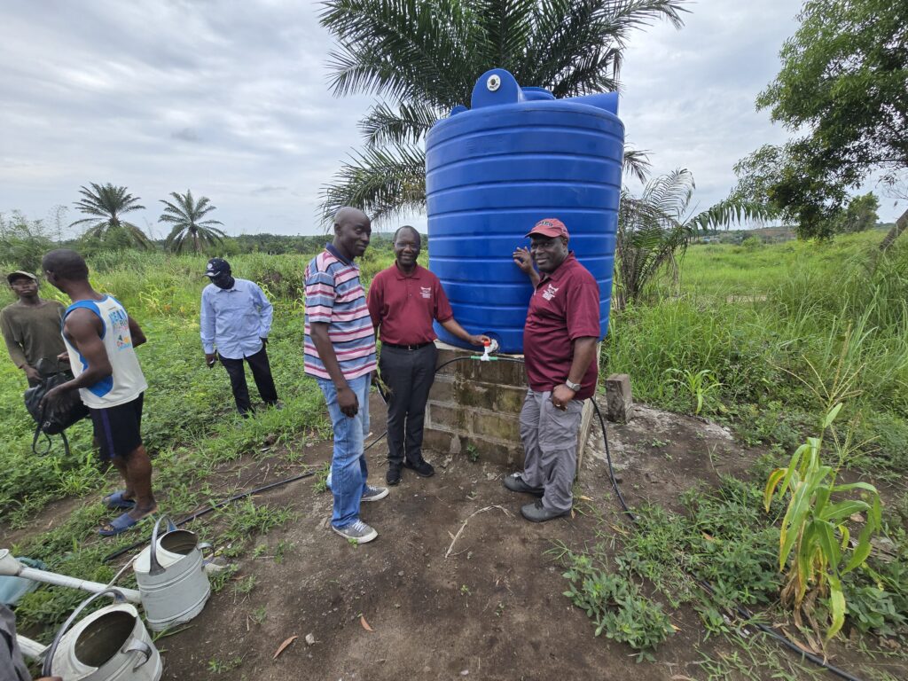 Dr. Caleb Nindo, second from right, and Dr. Stephan Tubene, right, check out the UNIKIN experimental station implemented the new technology of plasticulture for training. 