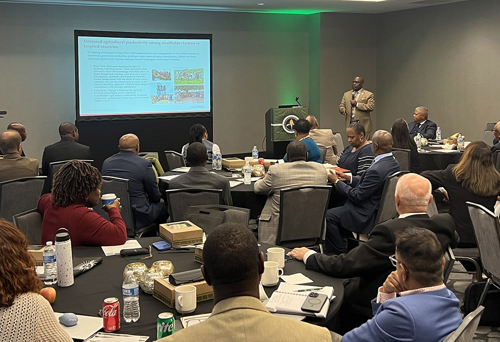 CEGFSD Associate Director Dr. Stephan Tubene of University of Maryland Eastern Shore speaks at the center's annual Advisory Council (AC) meeting in October 2025.