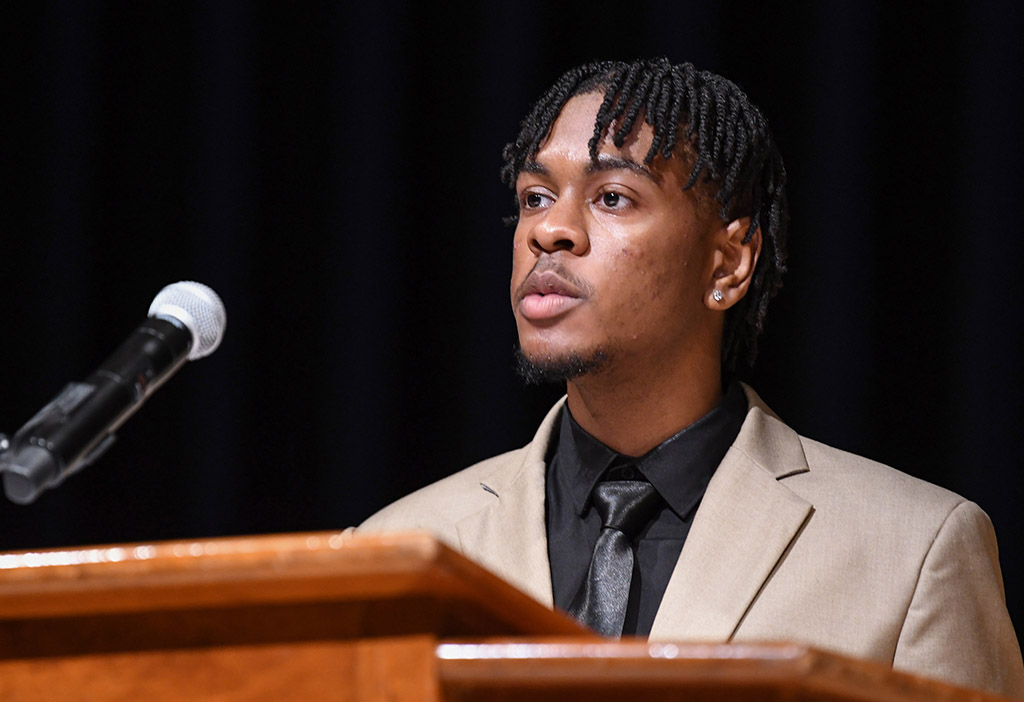 Gary Stanley, first year honors program pre-veterinary general agriculture major, speaks at the 73rd Honors Convocation.