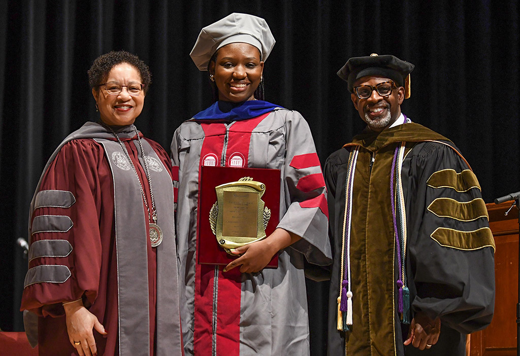 UMES President Heidi Anderson with keynote speaker Yasmin Roye and Dr. Rondall Allen, Provost and Vice President for Academic Affairs, at the annual 73rd Honors Convocation.