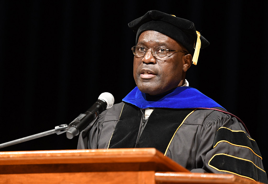 Department of Agriculture, Food and Resource Sciences Chair Dr. Stephan Tubene speaks at the 73rd Honors Convocation.