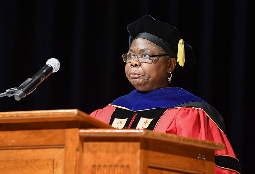 Department of Human Ecology Chair Grace Namwamba speaks at the 73rd Honors Convocation.