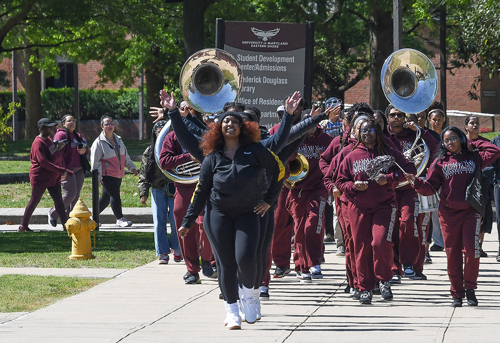 The UMES Pep Band leads the 1890 Land Grant Walk.