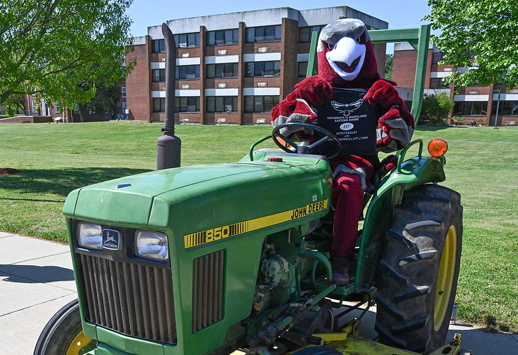 Harry the Hawk drives a tractor during the annual DASL Expo.