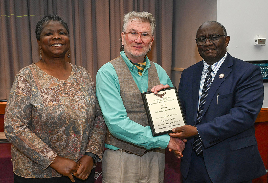 Human Ecology Outstanding Service Award winner Dr. John Jacob with Dean Dr. Moses T. Kairo and Chair Dr. Grace Namwamba.