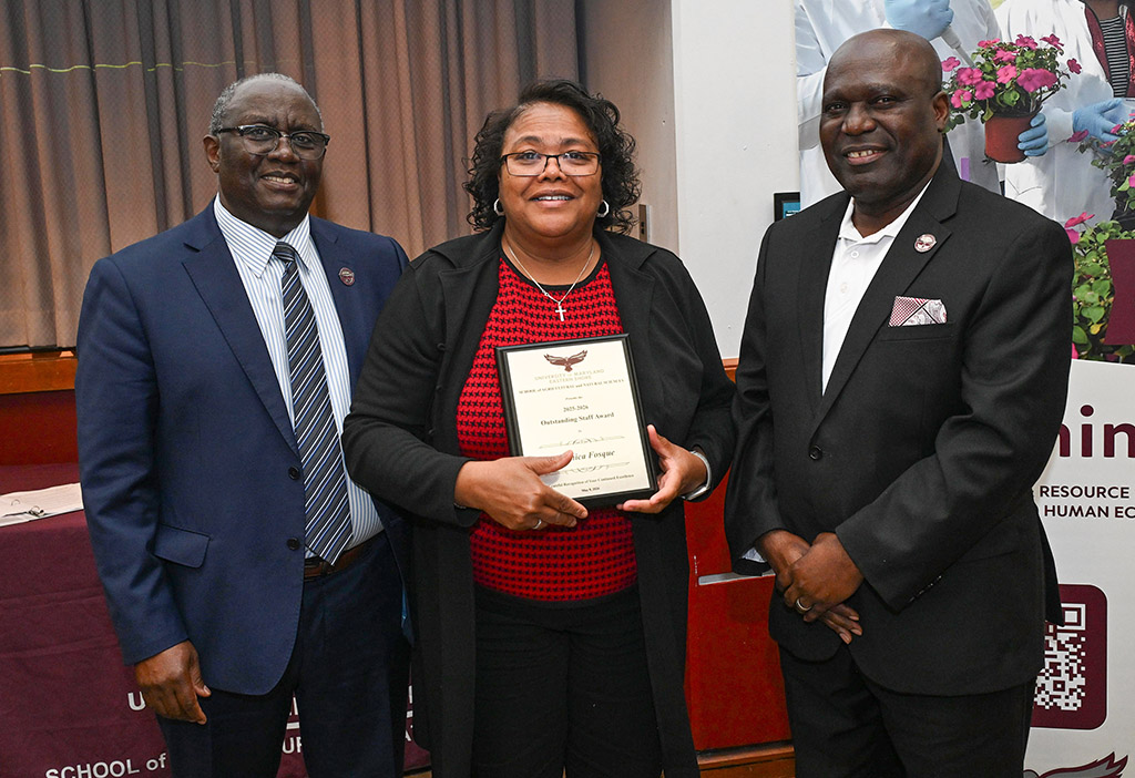 Outstanding Staff winner Veronica Fosque of Department of Agriculture, Food and Resource Science with Dean Dr. Moses T. Kairo and Chair Dr. Stephen Tubene.