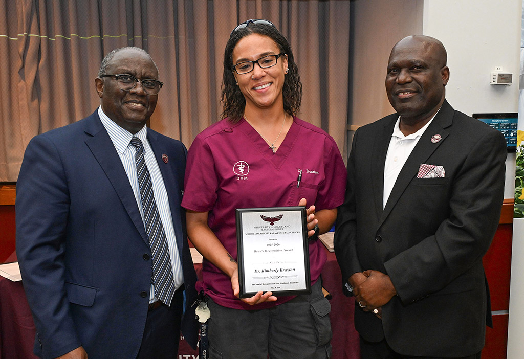 Dr. Kimberly Braxton, winner of the Dean’s Recognition Award and the Department of Agriculture, Food and Resource Sciences Outstanding Student Experience Award, with Dean Dr. Moses T. Kairo and Chair Dr. Stephen Tubene.