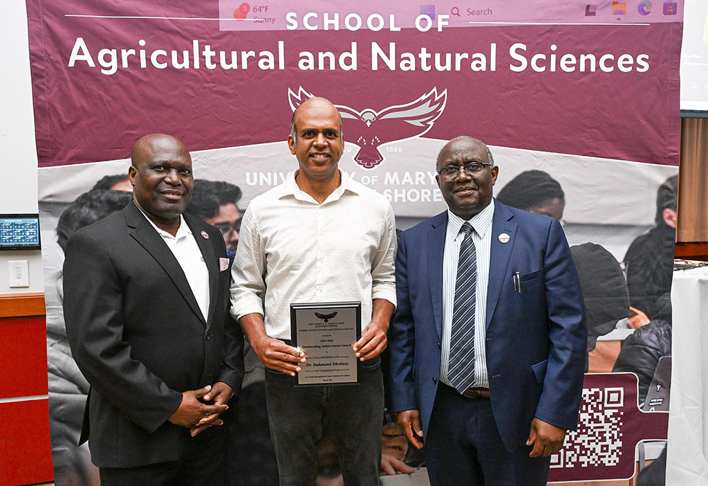 Department of Agriculture, Food and Resource Sciences Outstanding Achievement Award winner Dr. Sadanand Dhekney with Dean Dr. Moses T. Kairo and Chair Dr. Stephen Tubene.