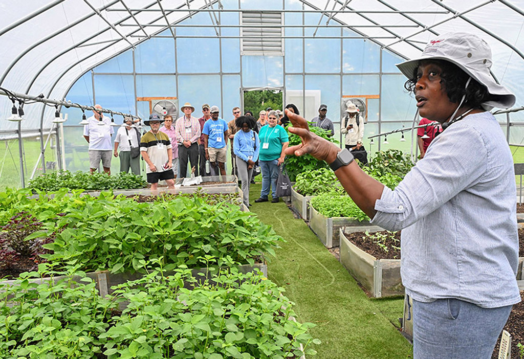 Alternative crop specialist Dr. Nadine Burton talks about plants growing in a hoop house on UMES' Research, Extension and Teaching Farm.