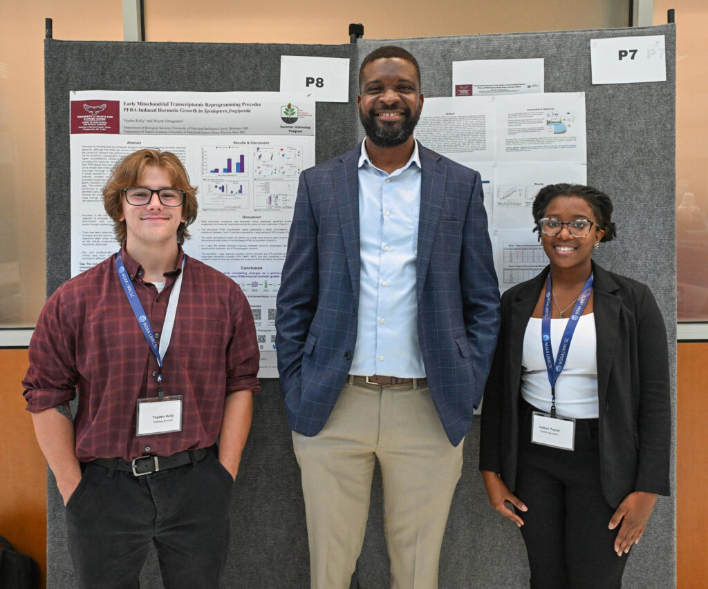 A faculty mentor is pictured with two students he mentored for projects presented during UMES' 2026 Summer Research Symposium.