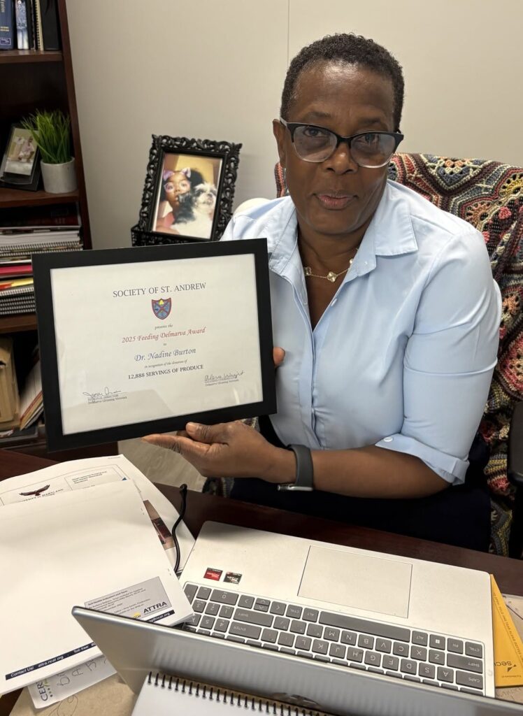 A UMES Extension alternative crop specialist holds a 2025 Feeding Delmarva Award from the Society of St. Andrew-Delmarva.