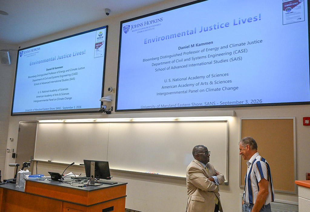Dr. Daniel Kammen, professor of energy and climate justice at John Hopkins University, speaks with Dean Dr. Moses T. Kairo at the first fall 2026 seminar.