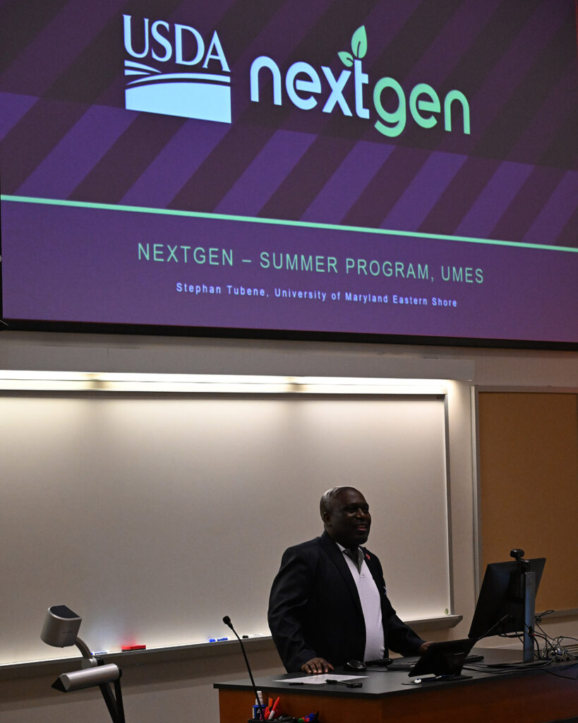 Dr. Stephan Tubene of UMES NextGen program speaks at a research symposium. (photo by Kara Nuzback/Ag Communications)